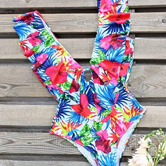 SPORLIKE Women One Piece Swimsuit V-Neck Ruffle Bathing Suit Padded Monokini Med - Picture 2 of 2